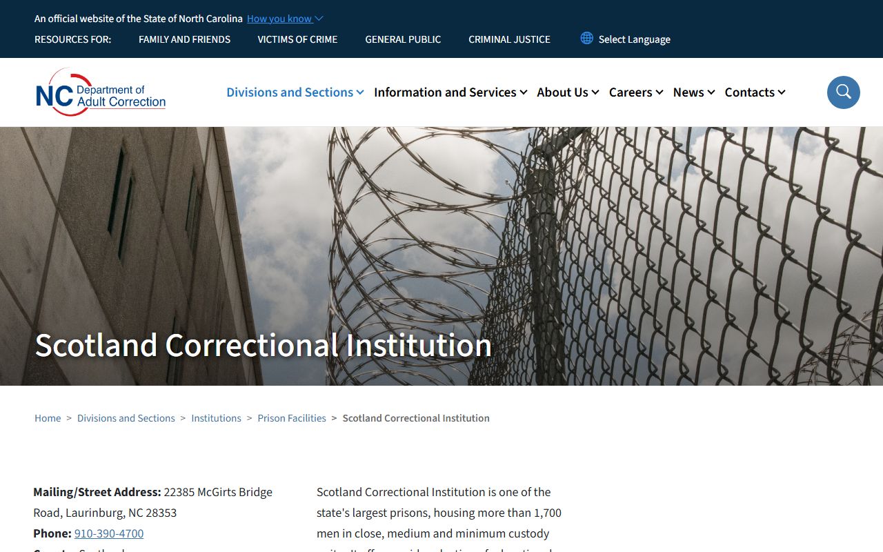 Scotland Correctional Institution prison custody page from NC DAC