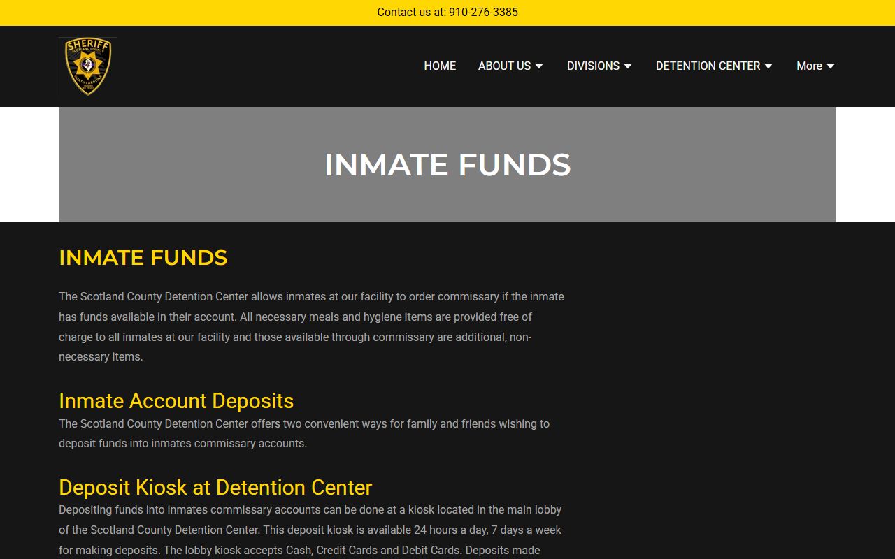 Scotland County Detention Center inmate funds and McDaniel Supply commissary rules